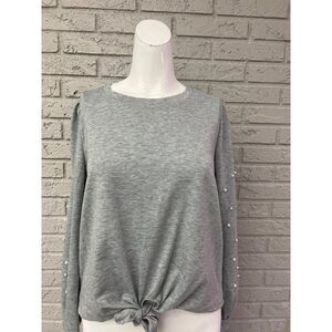 Skonhet Women Gray Faux Pearl Long Sleeve Tie Front Top Size M